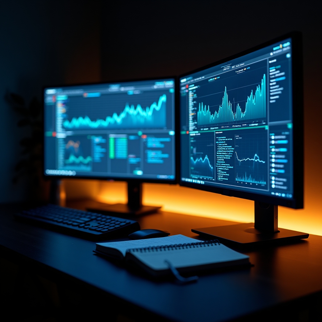 Analiza techniczna SEO z kodem i wykresami na dwóch monitorach